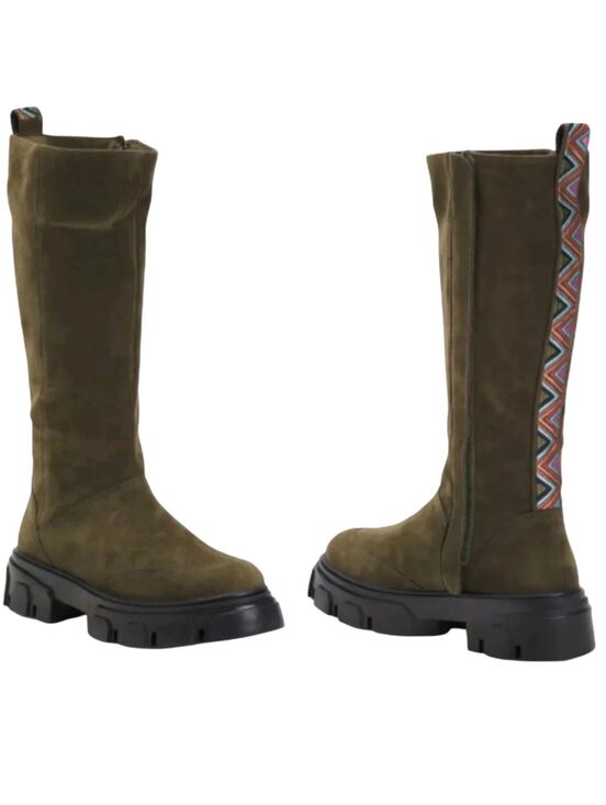 FARM Rio Shoes - Farm Rio Womens Army Green Suede Embroidered Calf High Lug Sole Boots Size 9.5